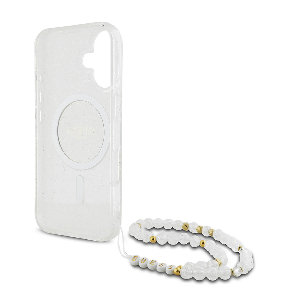 Funda MagSafe para Apple iPhone 16, Guess, IML Glitter con Correa de Perla, Transparente