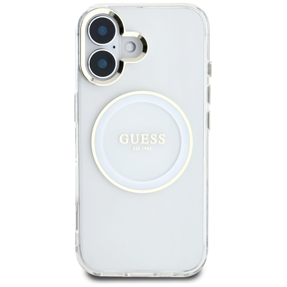 Funda MagSafe para Apple iPhone 16, Guess, IML Metal Colored Circle, Blanca