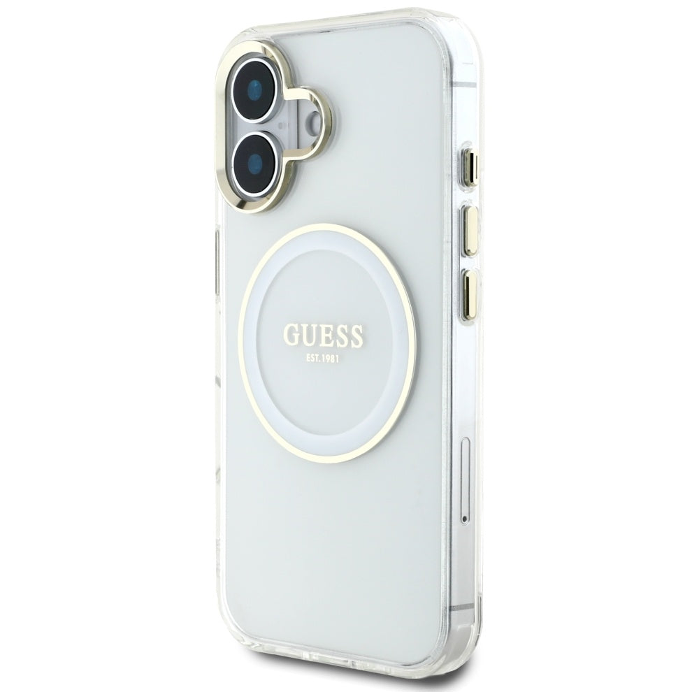 Funda MagSafe para Apple iPhone 16, Guess, IML Metal Colored Circle, Blanca