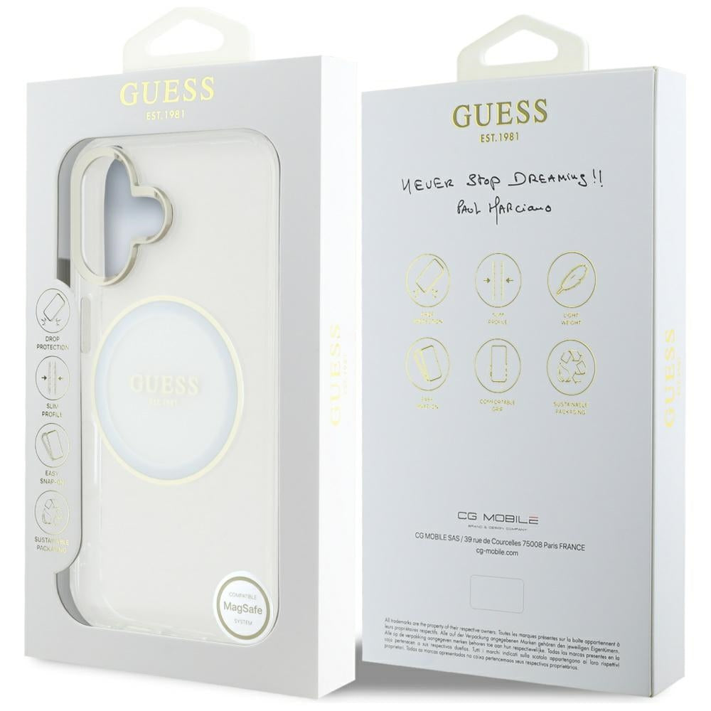 Funda MagSafe para Apple iPhone 16, Guess, IML Metal Colored Circle, Blanca
