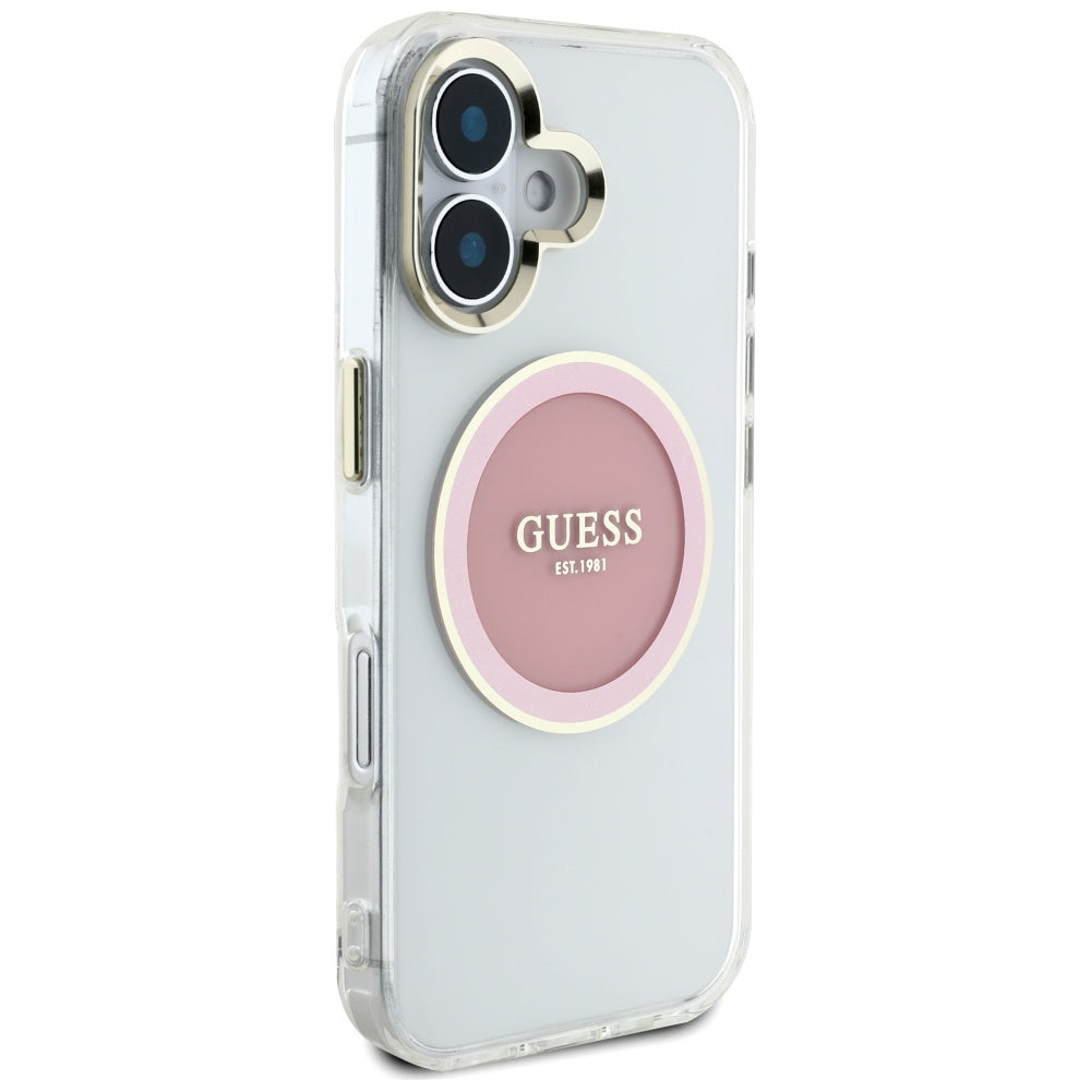 Funda MagSafe para Apple iPhone 16, Guess, IML Metal Colored Circle, Rosa
