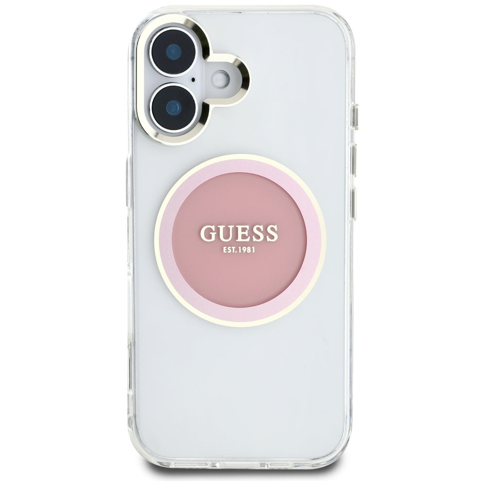 Funda MagSafe para Apple iPhone 16, Guess, IML Metal Colored Circle, Rosa
