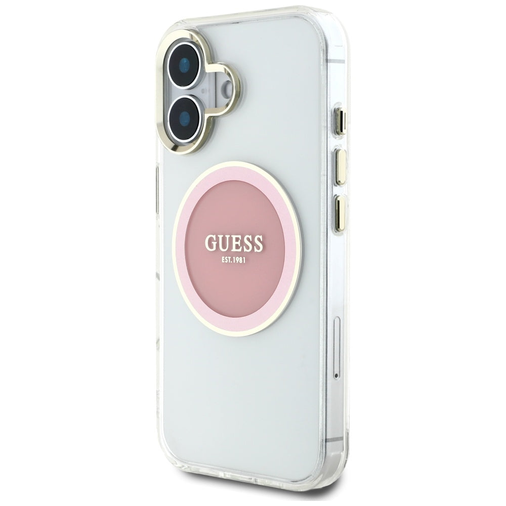 Funda MagSafe para Apple iPhone 16, Guess, IML Metal Colored Circle, Rosa