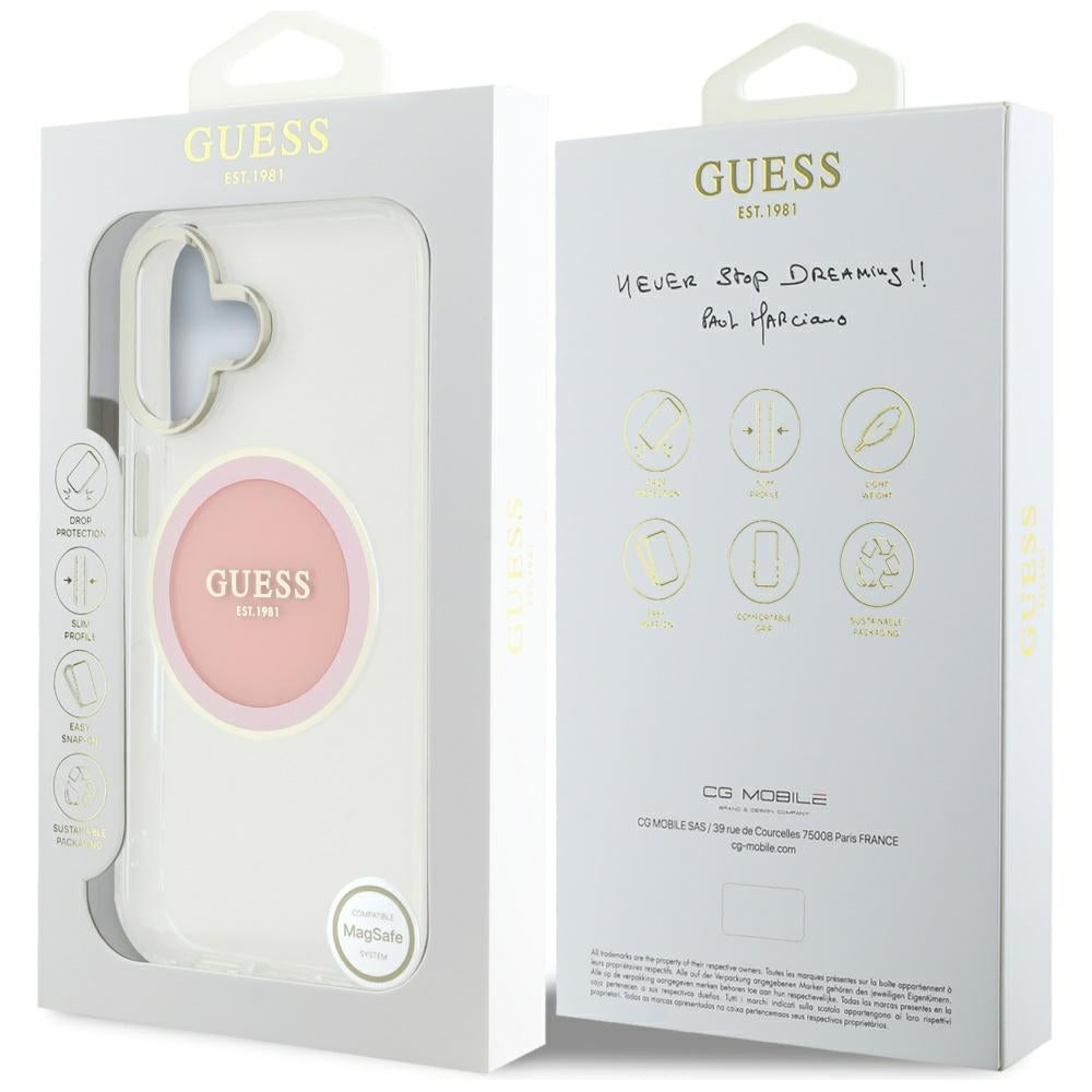 Funda MagSafe para Apple iPhone 16, Guess, IML Metal Colored Circle, Rosa