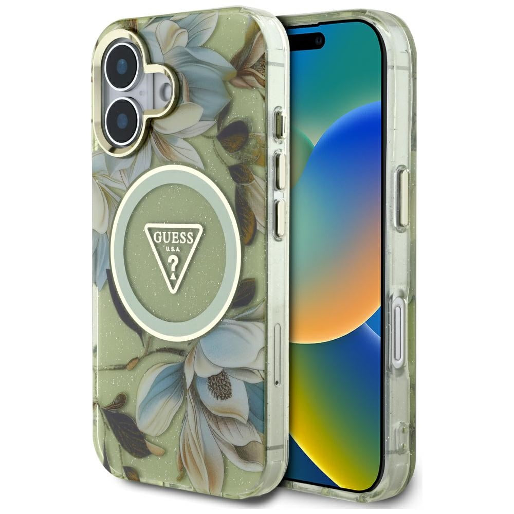 Funda MagSafe para Apple iPhone 16, Guess, IML Metal Glitter Flowers Triangle, Verde