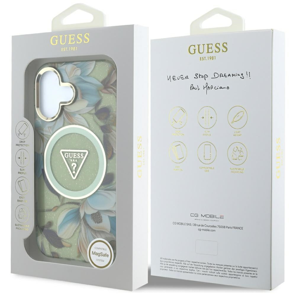 Funda MagSafe para Apple iPhone 16, Guess, IML Metal Glitter Flowers Triangle, Verde