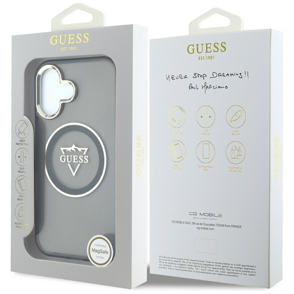 Funda MagSafe para Apple iPhone 16, Guess, IML Metal Mountain Logo, Negra