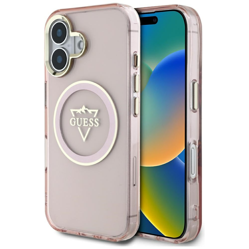 Funda MagSafe para Apple iPhone 16, Guess, IML Metal Mountain Logo, Rosa