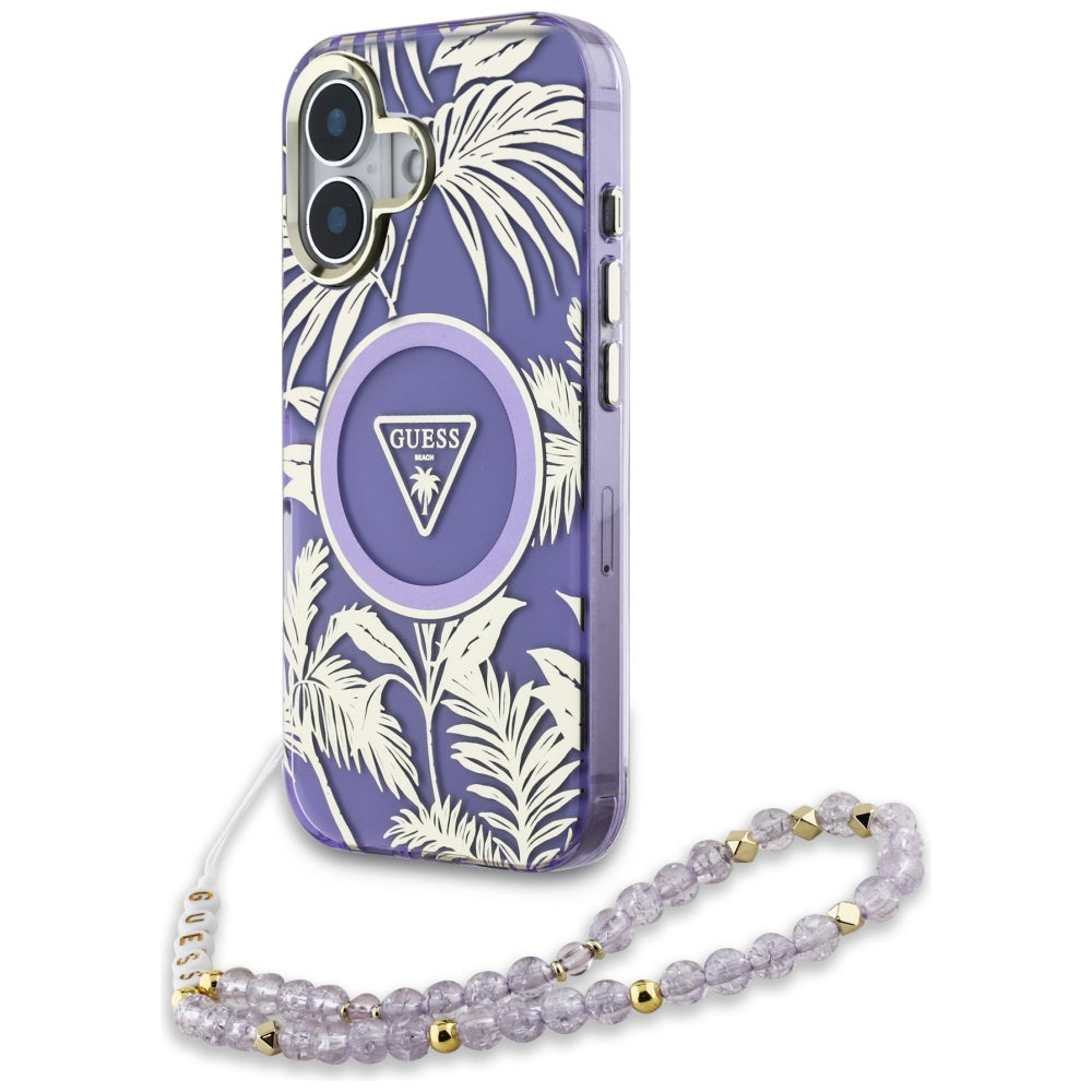 Funda MagSafe para Apple iPhone 16, Guess, IML Palm Trees Triangle con Correa de Perla, Morado