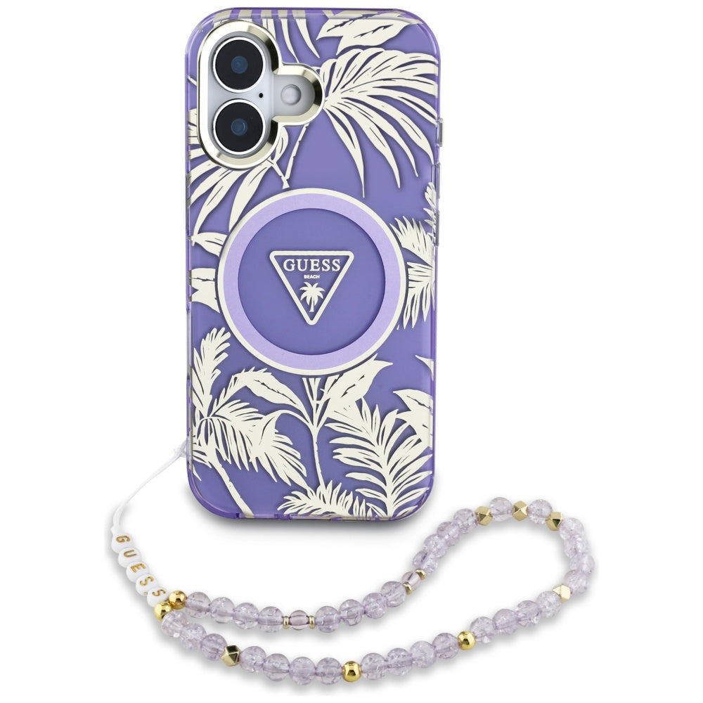 Funda MagSafe para Apple iPhone 16, Guess, IML Palm Trees Triangle con Correa de Perla, Morado