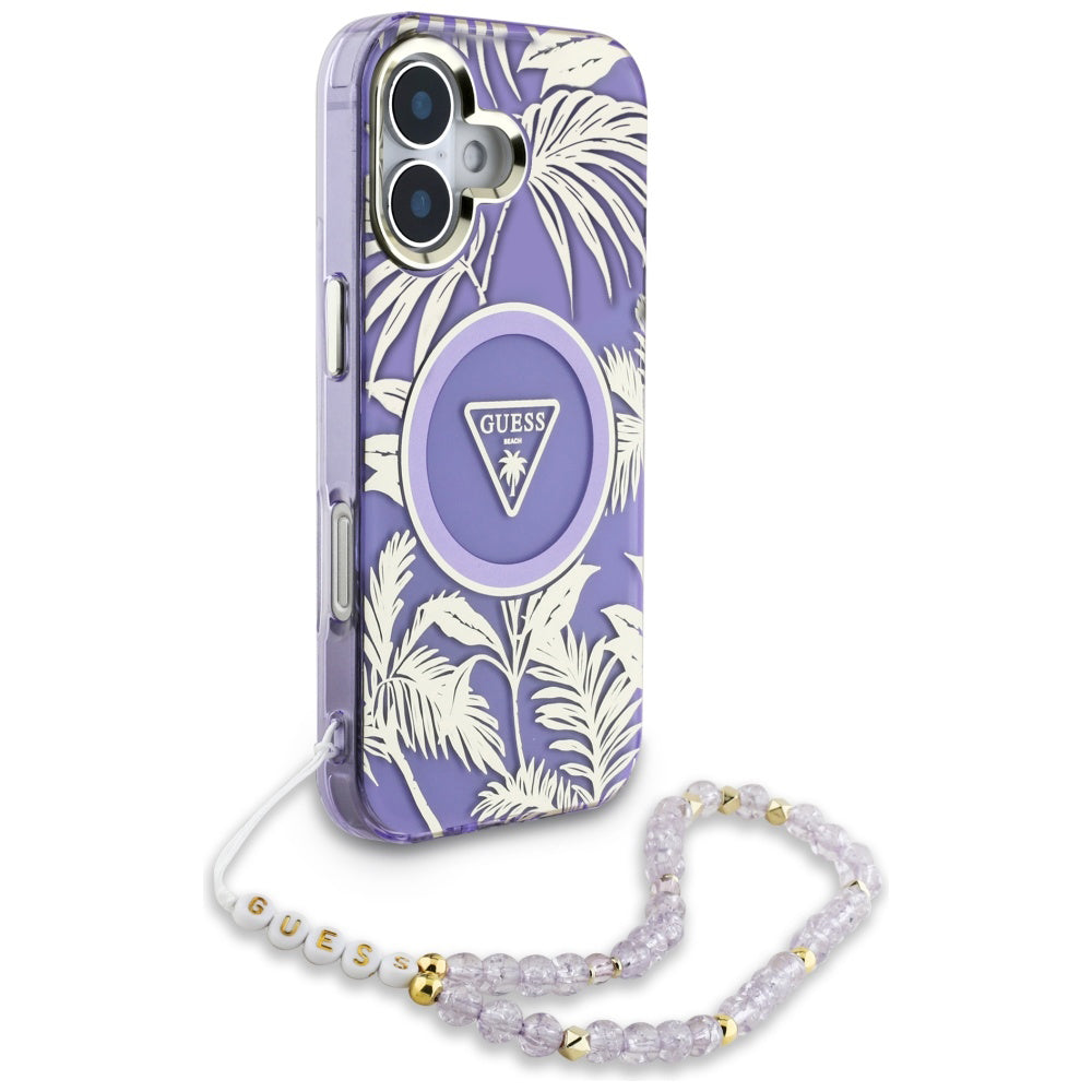 Funda MagSafe para Apple iPhone 16, Guess, IML Palm Trees Triangle con Correa de Perla, Morado