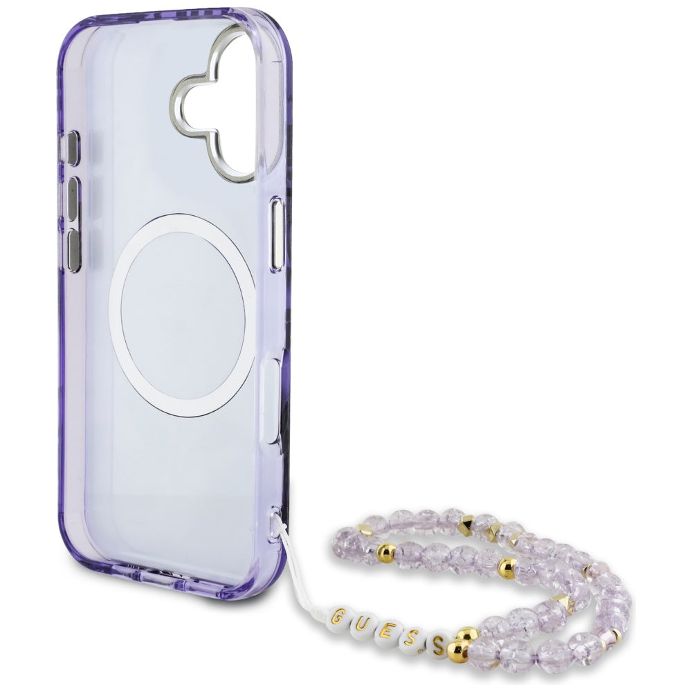 Funda MagSafe para Apple iPhone 16, Guess, IML Palm Trees Triangle con Correa de Perla, Morado