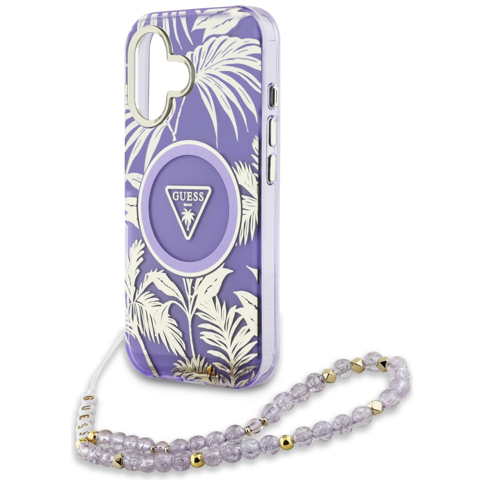 Funda MagSafe para Apple iPhone 16, Guess, IML Palm Trees Triangle con Correa de Perla, Morado