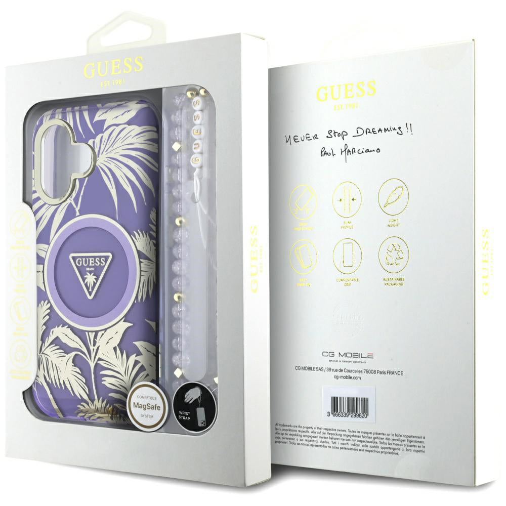 Funda MagSafe para Apple iPhone 16, Guess, IML Palm Trees Triangle con Correa de Perla, Morado
