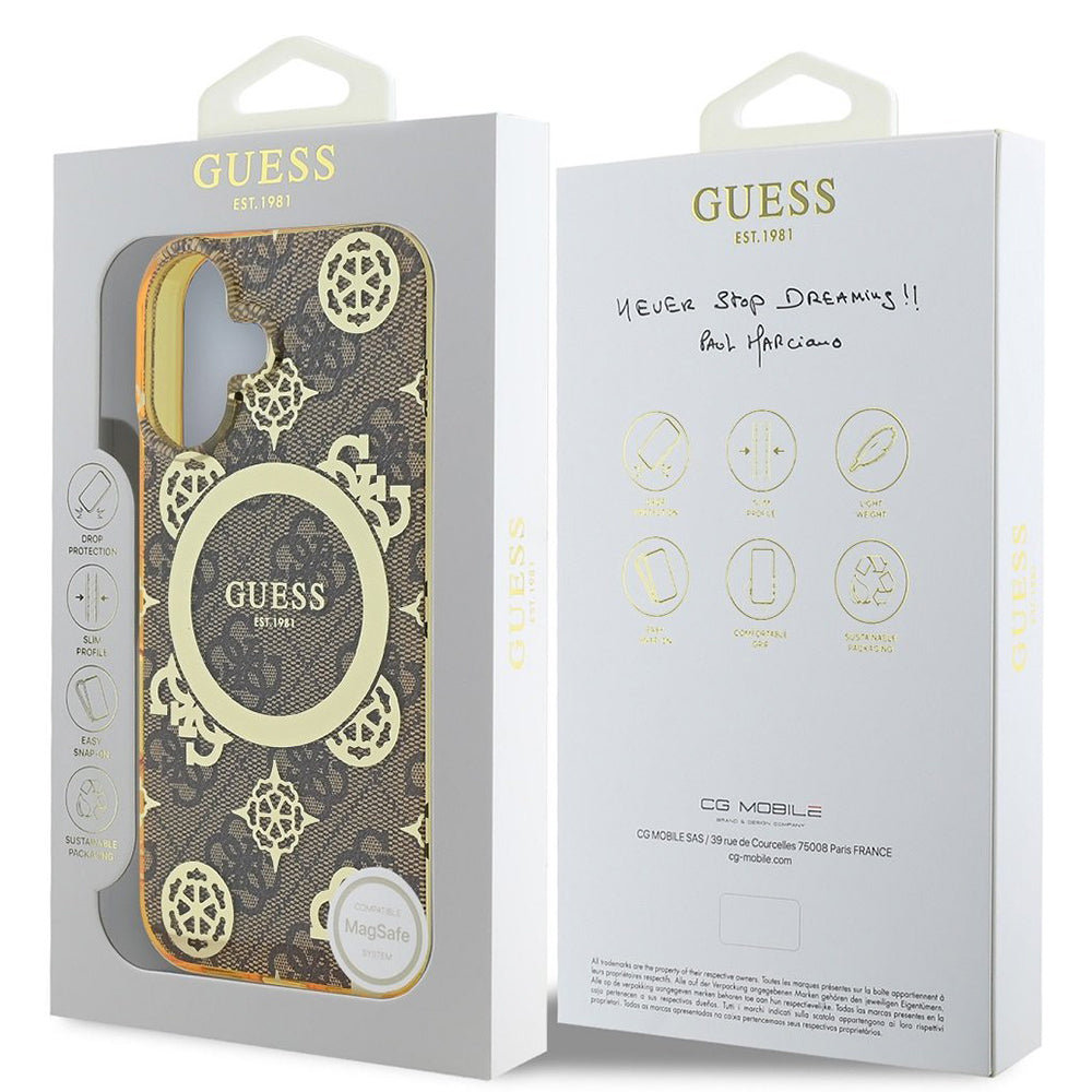 Funda MagSafe para Apple iPhone 16, Guess, IML Peony On 4G Background, Marrón