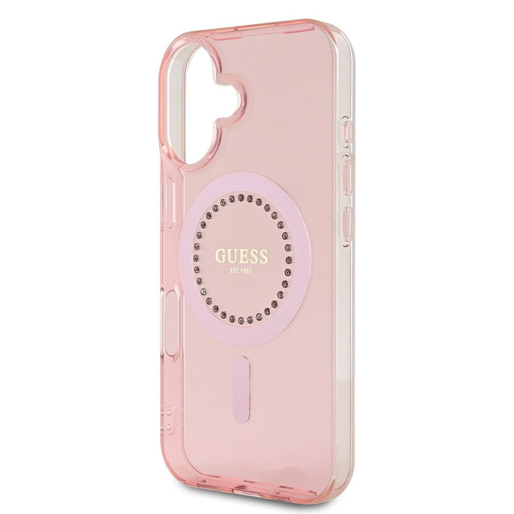 Funda MagSafe para Apple iPhone 16, Guess, IML Rhinestones Ring, Rosa GUHMP16SPFTDTEP