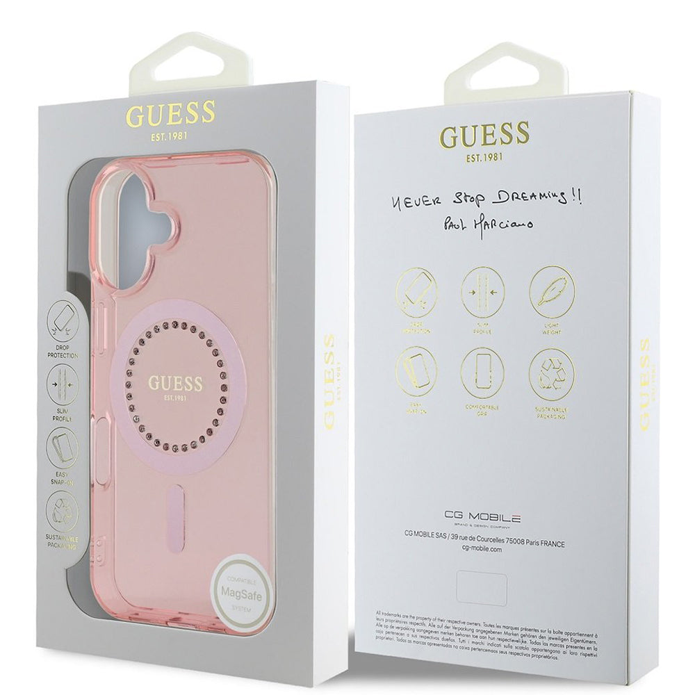 Funda MagSafe para Apple iPhone 16, Guess, IML Rhinestones Ring, Rosa GUHMP16SPFTDTEP