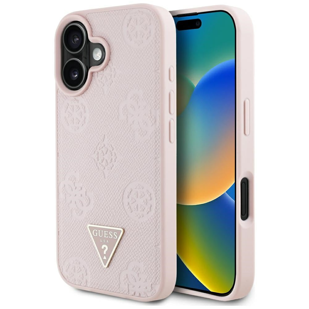 Funda MagSafe para Apple iPhone 16, Guess, Peony Grained Hot Stamp Triangle, Rosa