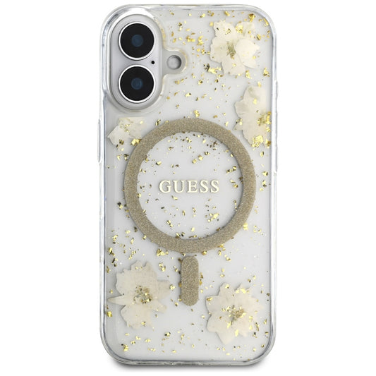 Funda MagSafe para Apple iPhone 16, Guess, Resin Flowers and Glitter, Beige