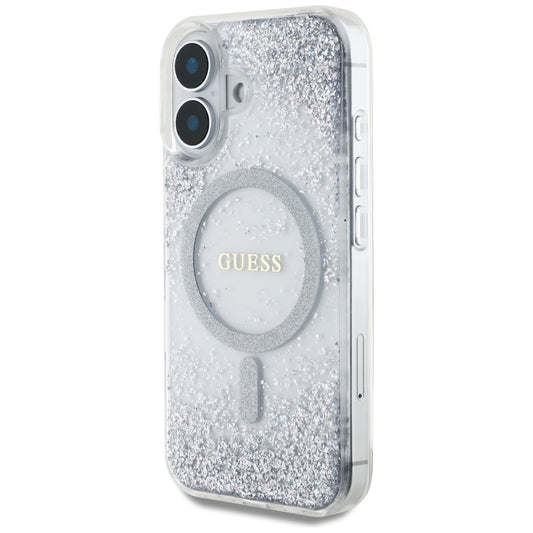 Funda MagSafe para Apple iPhone 16, Guess, Resin Gradient Glitter, Plateada