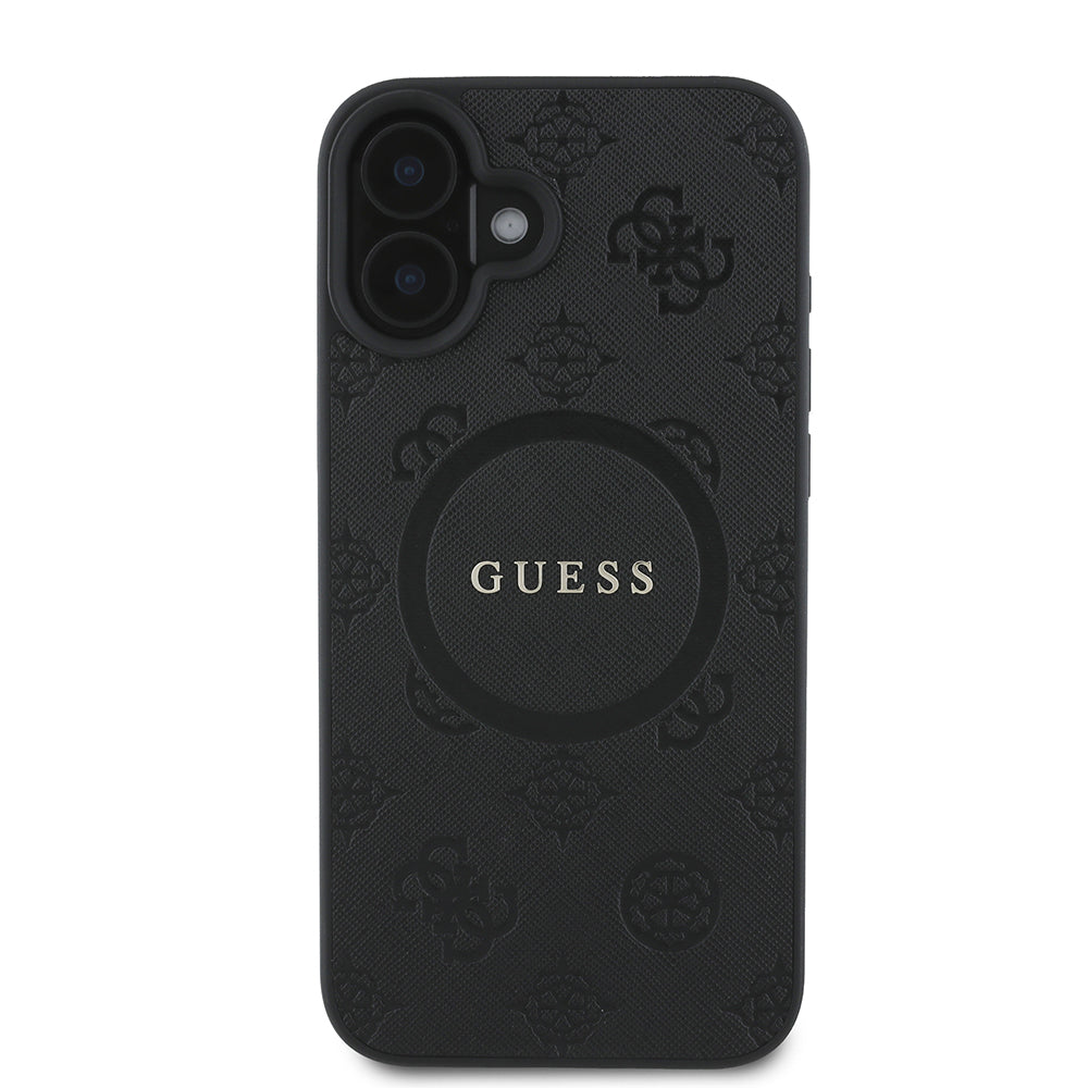 Funda MagSafe para Apple iPhone 16, Guess, Saffiano Peony Classic Logo, Negra