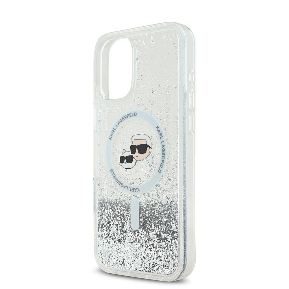 Funda MagSafe para Apple iPhone 16, Karl Lagerfeld, Glitter Liquid Karl & Choupette's Heads, Transparente