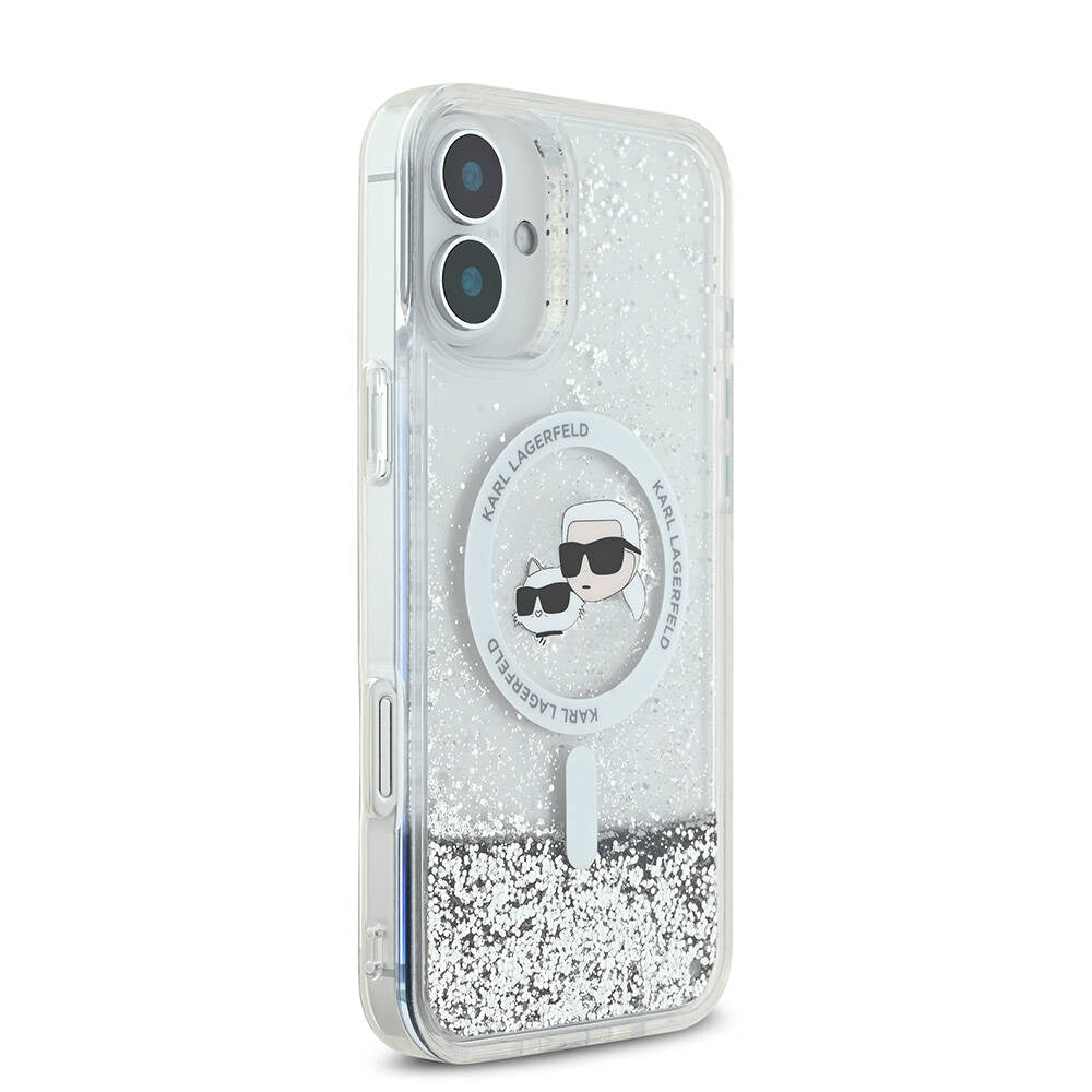 Funda MagSafe para Apple iPhone 16, Karl Lagerfeld, Glitter Liquid Karl & Choupette's Heads, Transparente