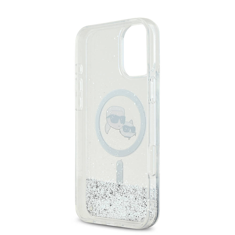 Funda MagSafe para Apple iPhone 16, Karl Lagerfeld, Glitter Liquid Karl & Choupette's Heads, Transparente