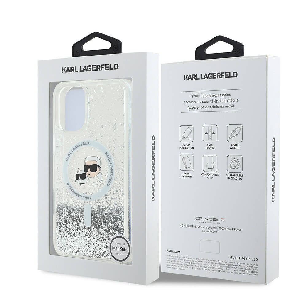 Funda MagSafe para Apple iPhone 16, Karl Lagerfeld, Glitter Liquid Karl & Choupette's Heads, Transparente