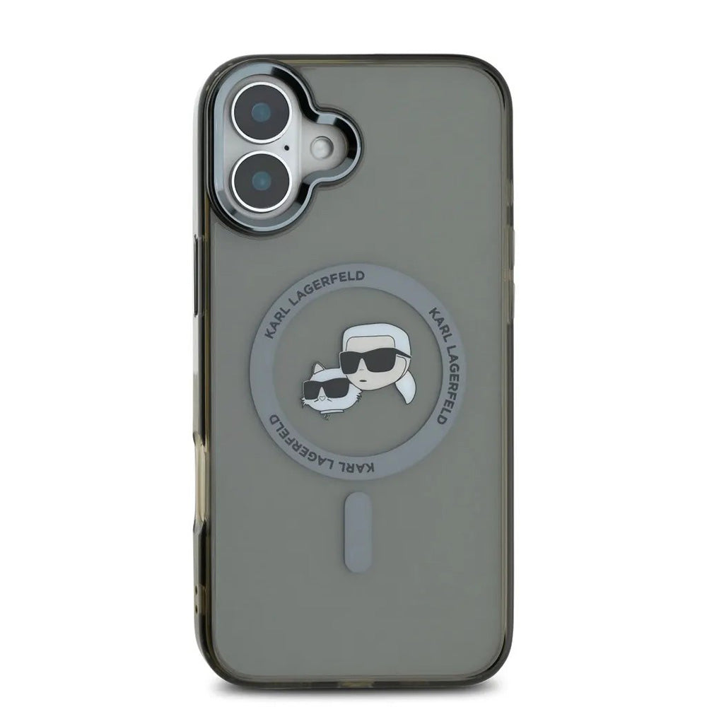 Funda MagSafe para Apple iPhone 16, Karl Lagerfeld, IML Metal Karl & Choupette's Heads, Negra