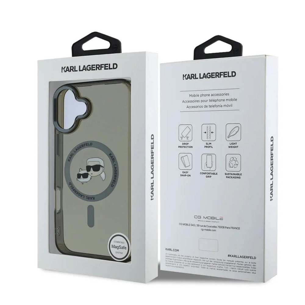 Funda MagSafe para Apple iPhone 16, Karl Lagerfeld, IML Metal Karl & Choupette's Heads, Negra