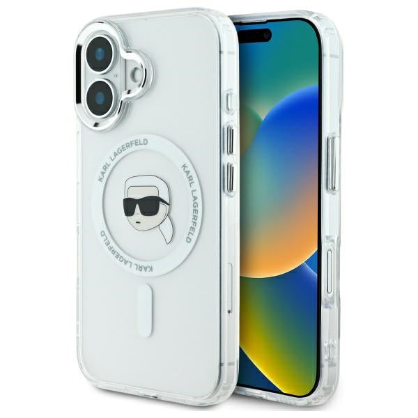 Funda MagSafe para Apple iPhone 16, Karl Lagerfeld, IML Metal Karl's Head, Blanca