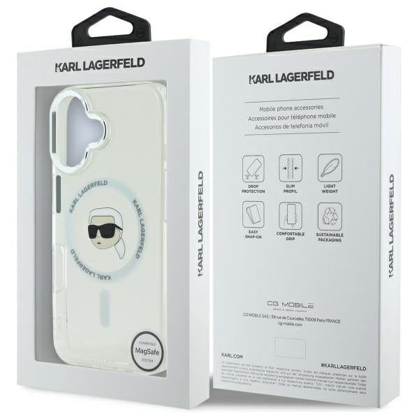 Funda MagSafe para Apple iPhone 16, Karl Lagerfeld, IML Metal Karl's Head, Blanca