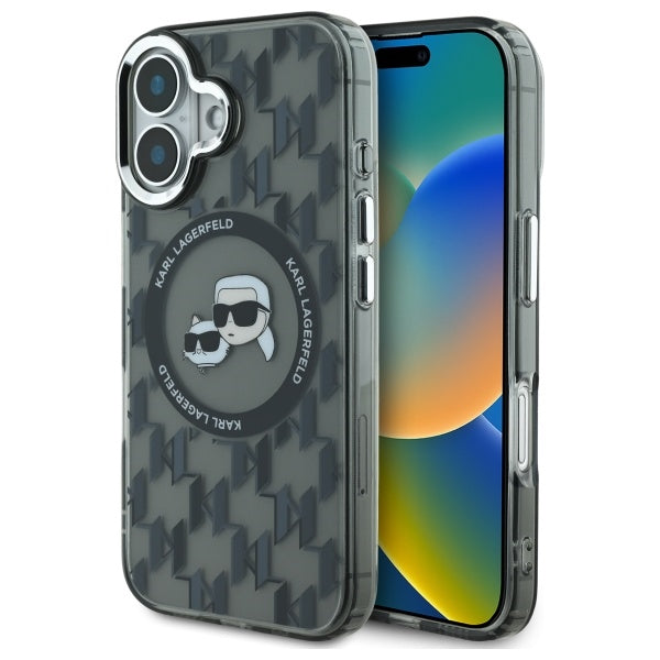Funda MagSafe para Apple iPhone 16, Karl Lagerfeld, IML Monogram Karl & Choupette's Heads, Negra.