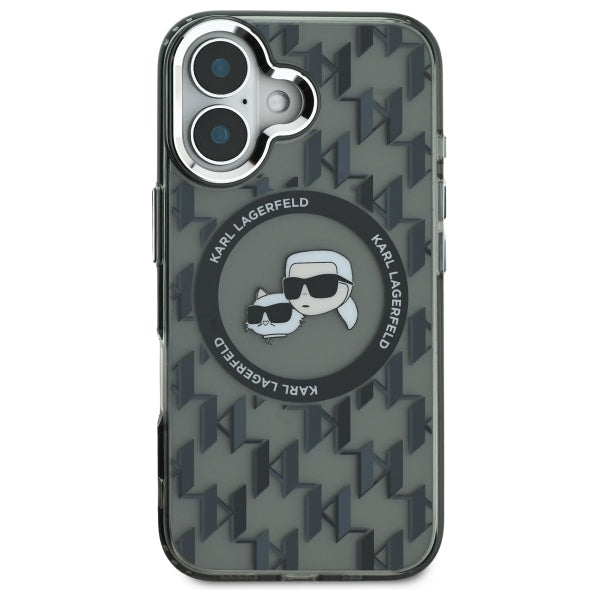 Funda MagSafe para Apple iPhone 16, Karl Lagerfeld, IML Monogram Karl & Choupette's Heads, Negra.