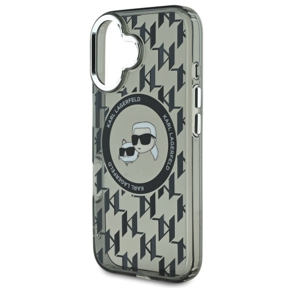 Funda MagSafe para Apple iPhone 16, Karl Lagerfeld, IML Monogram Karl & Choupette's Heads, Negra.