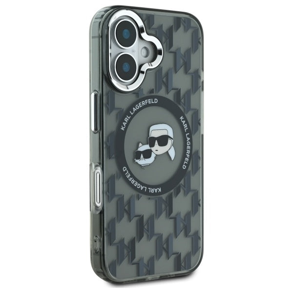 Funda MagSafe para Apple iPhone 16, Karl Lagerfeld, IML Monogram Karl & Choupette's Heads, Negra.