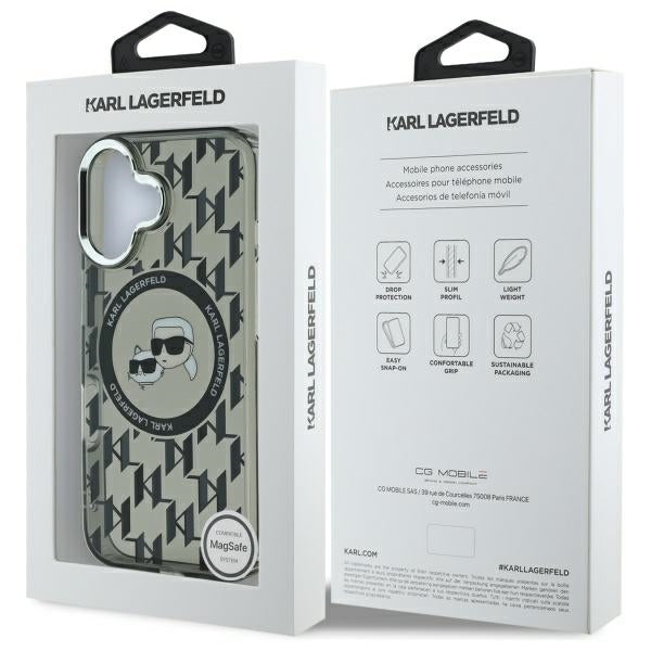 Funda MagSafe para Apple iPhone 16, Karl Lagerfeld, IML Monogram Karl & Choupette's Heads, Negra.