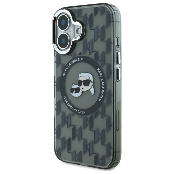 Funda MagSafe para Apple iPhone 16, Karl Lagerfeld, IML Monogram Karl & Choupette's Heads, Negra.