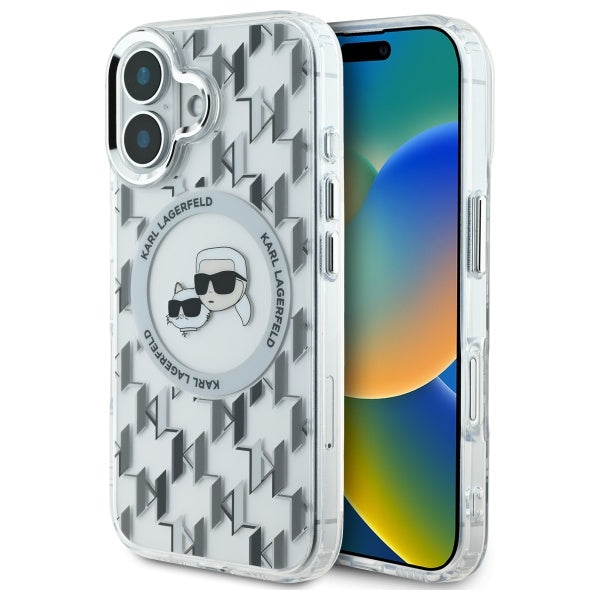 Funda MagSafe para Apple iPhone 16, Karl Lagerfeld, IML Monograma Karl & Cabezas de Choupette, Transparente