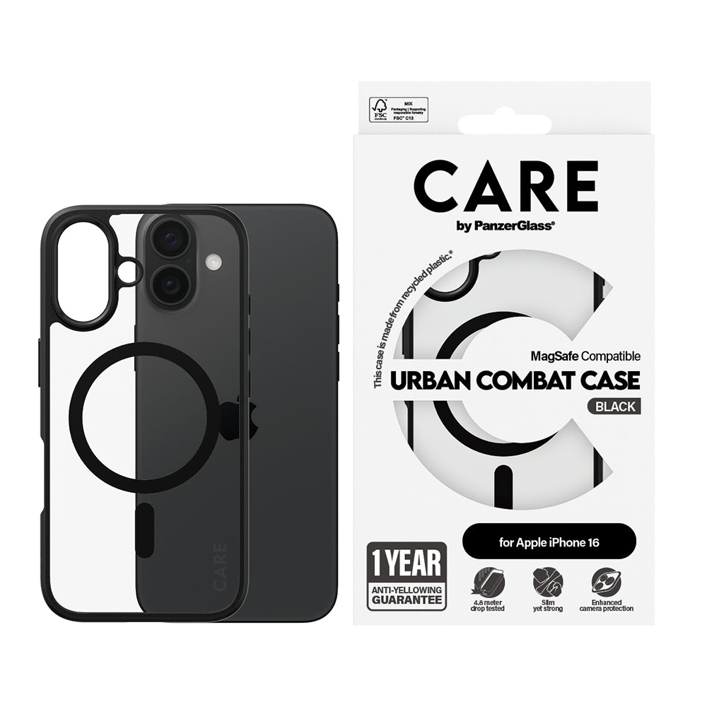 Funda MagSafe para Apple iPhone 16, PanzerGlass, Care Urban Combat, Negra Transparente