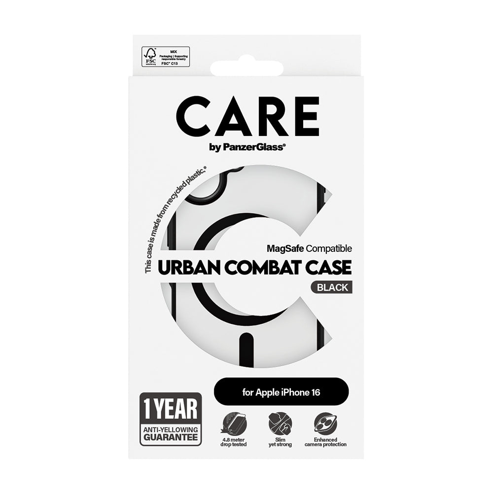 Funda MagSafe para Apple iPhone 16, PanzerGlass, Care Urban Combat, Negra Transparente