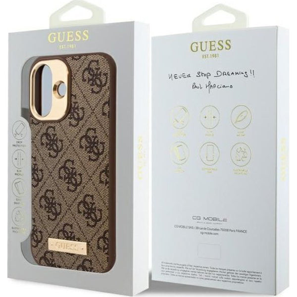MagSafe Case for Apple iPhone 16 Plus, Guess, 4G Logo Plate, Brown