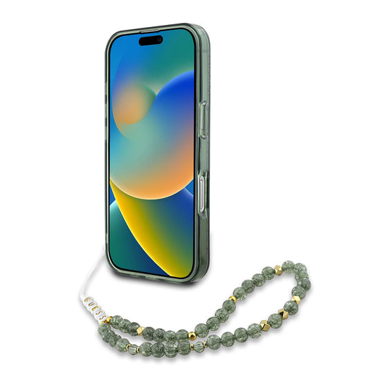 Funda MagSafe para Apple iPhone 16 Plus, Guess, IML Flowers Allover Electroplated with Pearl Strap, Verde