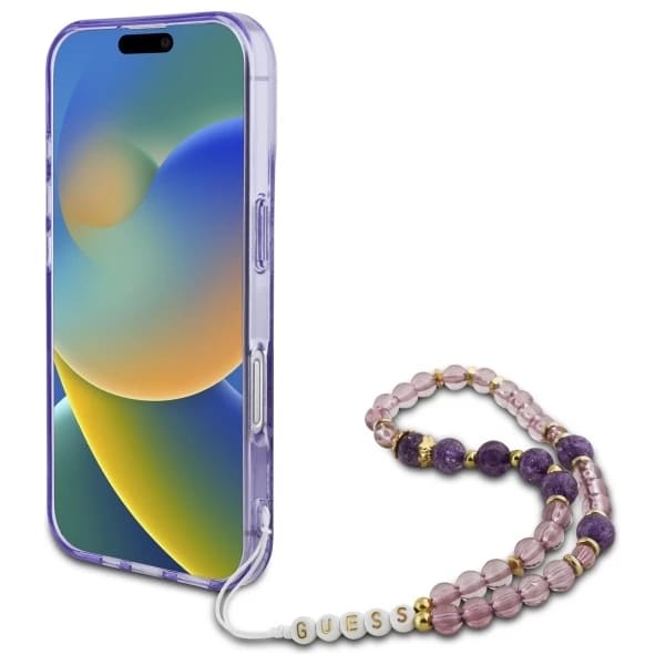 Funda MagSafe para Apple iPhone 16 Plus, Guess, IML Flowers with Pearl Strap, Morado