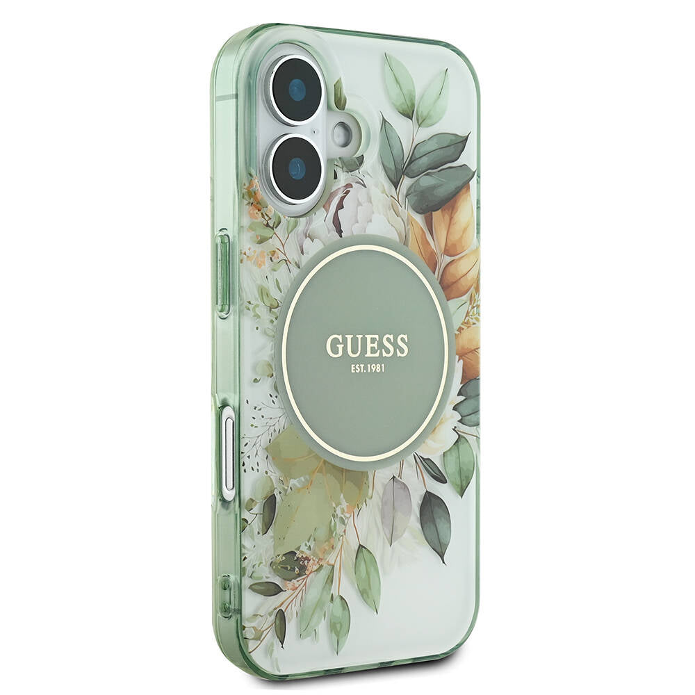 Funda MagSafe para Apple iPhone 16 Plus, Guess, IML Flowers with Pearl Strap, Verde