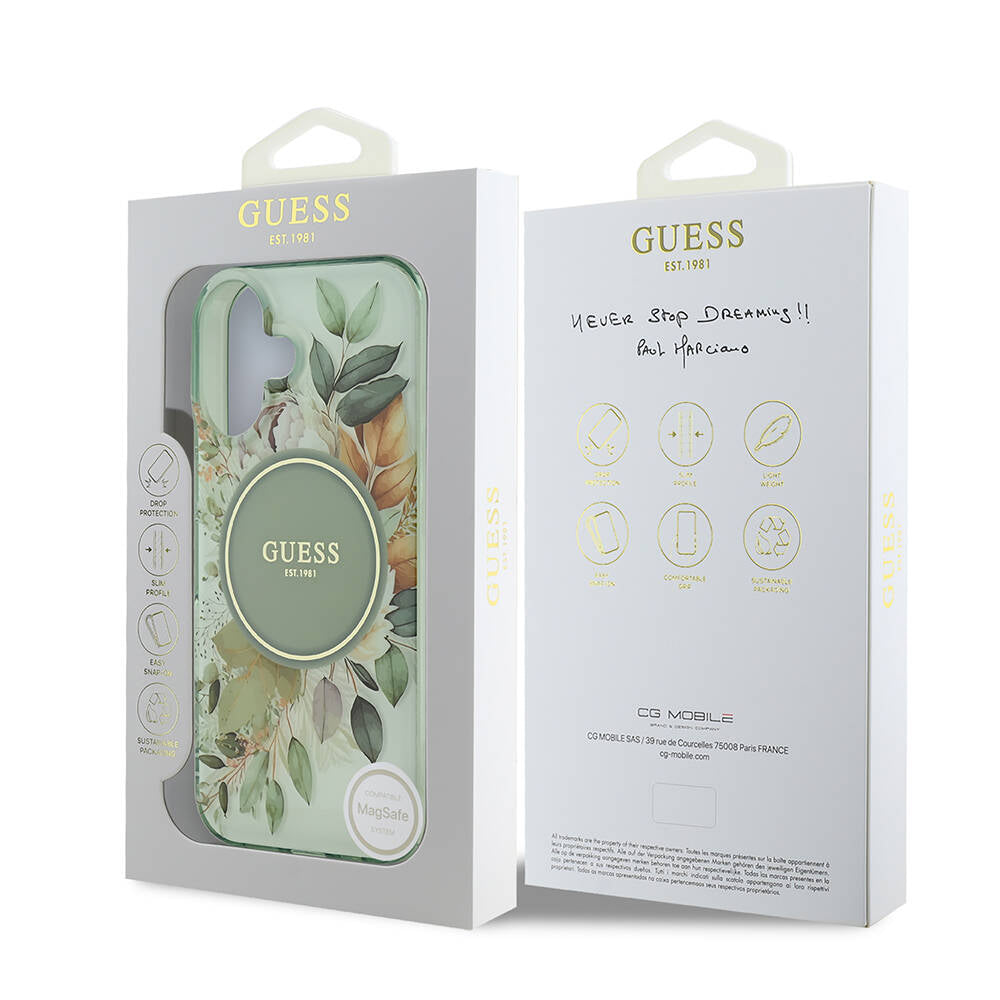 Funda MagSafe para Apple iPhone 16 Plus, Guess, IML Flowers with Pearl Strap, Verde