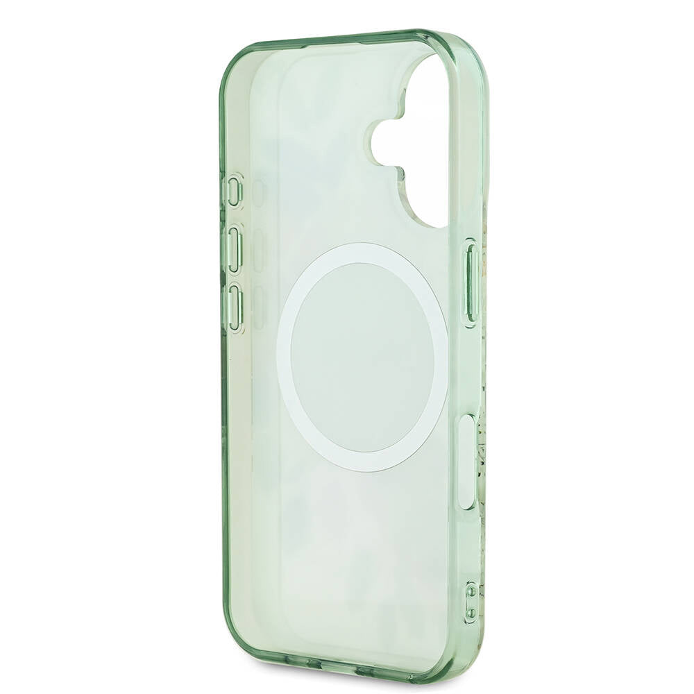 Funda MagSafe para Apple iPhone 16 Plus, Guess, IML Flowers with Pearl Strap, Verde