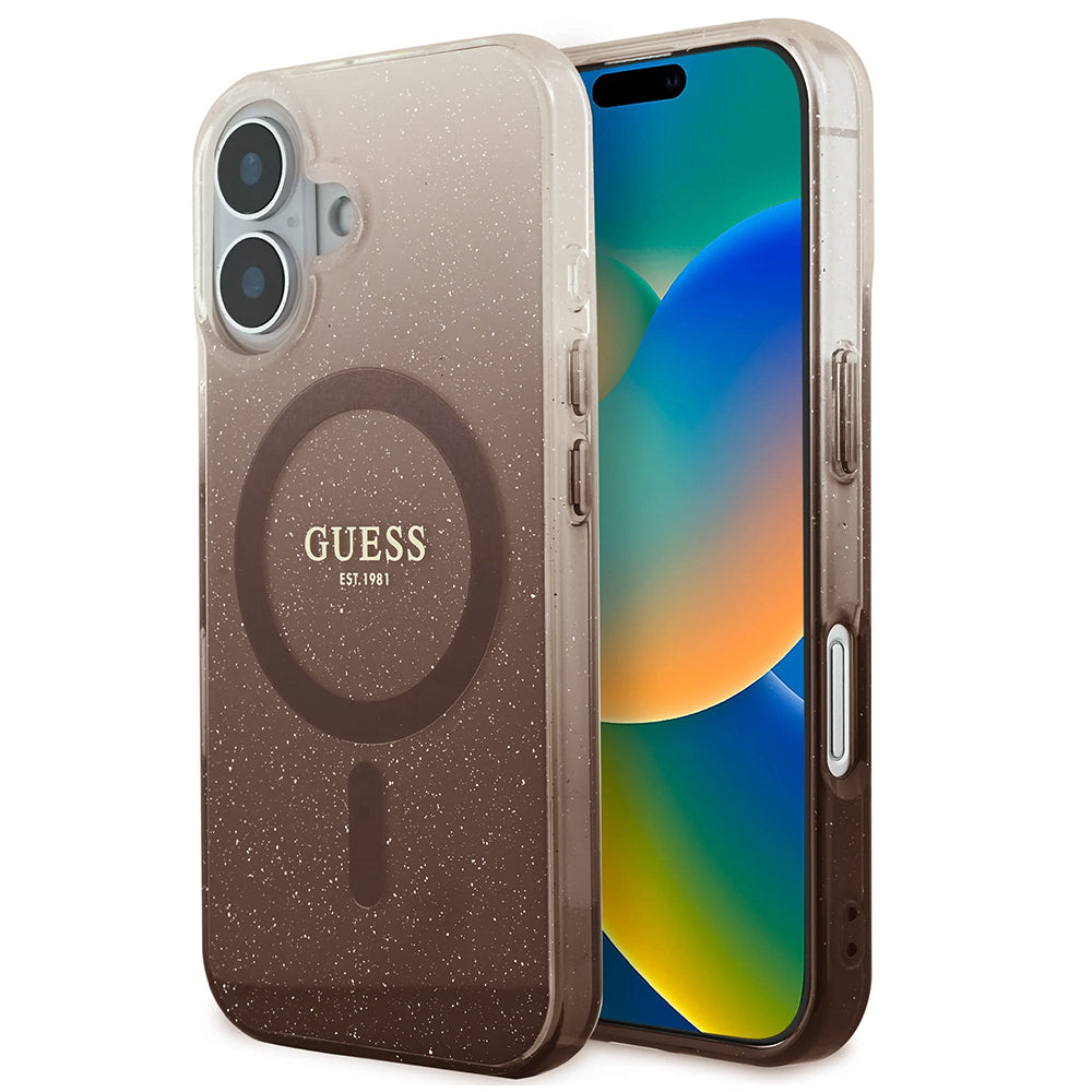 Funda MagSafe para Apple iPhone 16 Plus, Guess, IML Glitter Gradient, Marrón