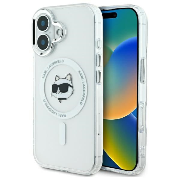 Funda MagSafe para Apple iPhone 16 Plus, Karl Lagerfeld, IML Metal Choupette's Head, Blanca.